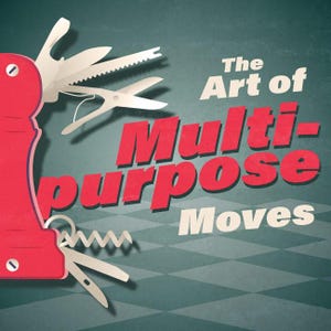 Peut inclure: Un outil multifonction rouge avec divers accessoires déployés, notamment une scie, des ciseaux et un tire-bouchon. Le texte "The Art of Multi-purpose Moves" est affiché en lettres blanches et rouges sur un fond bleu sarcelle à motif losange.