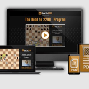 May include: A digital chess training course titled The Road to 2200 Program displayed on a desktop monitor, a laptop, a smartphone, and a tablet. The screens show chess boards, video lessons, and icons for PGN and PDF files in orange and black.