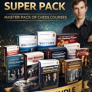 Puede incluir: Imagen promocional de un paquete de cursos de ajedrez. La imagen presenta a un hombre y varias cajas y CDs con títulos como "7 Keys to Victory" y "Winning the Middlegame". El texto dice "GM Igor Smirnov's Super Pack".