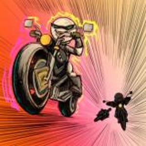 Peut inclure: Illustration de personnage de dessin animé sur une moto avec un effet d'éclatement d'énergie jaune et orange. Le personnage porte un casque blanc et une tenue noire. Deux motos et personnages plus petits sont également représentés.