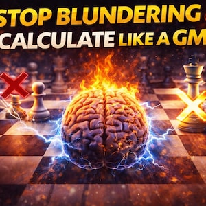 Puede incluir: Ilustración digital de un tablero de ajedrez con un cerebro en llamas en el centro. El texto "STOP BLUNDERING CALCULATE LIKE A GM" está en la parte superior. También hay rayos y piezas de ajedrez. El logotipo de CheasRook está en la esquina inferior derecha.