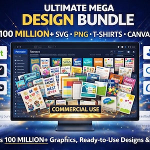 Può includere: Un monitor di computer mostra un pacchetto di design con il testo "ULTIMATE MEGA DESIGN BUNDLE" e "100 MILLION+ SVG • PNG • T-SHIRTS • CANVA". Lo schermo mostra vari modelli di design e la scritta "COMMERCIAL USE".