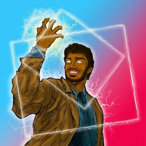 May include: Digital illustration of a person with glowing eyes and a beard, wearing a brown jacket and blue shirt. The person's hand is raised, with glowing energy emanating from it. Geometric shapes and lightning bolts surround the person against a blue and pink background.