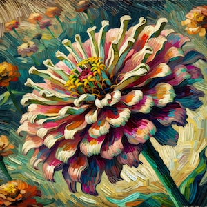 May include: A close-up of a vibrant pink and white zinnia flower with a yellow center. The flower is painted in a stylized, impressionistic style with thick brushstrokes.