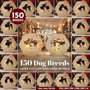 150 Dog Breeds Hexagon Lantern Mega Bundle, Laser Cut Plywood Tea light Wooden table Lantern Digital Download SVG Personalized Pet Lamp