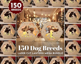 150 Dog Breeds Hexagon Lantern Mega Bundle, Laser Cut Plywood Tea light Wooden table Lantern Digital Download SVG Personalized Pet Lamp