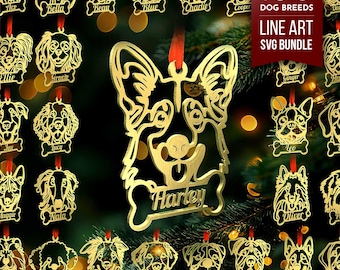 Dog Line Art SVG Bundle, 150 Dog Breed Design, Christmas Ball Tree Decoration, Ornament, Stencil laser cut,Craft,Glowforge,Hanging Bauble