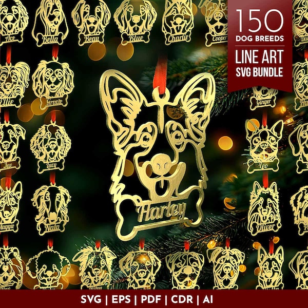 Paquete SVG de arte lineal de perros, diseño de 150 razas de perros, decoración de árbol de Navidad con bolas, adorno, corte láser con plantilla, artesanía, Glowforge, adorno colgante