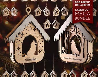 150 Dog Breeds Christmas Ornaments SVG Mega Bundle: 3D Dog House Laser Cut Files