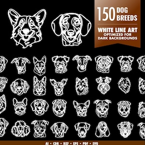 150 Dog Breeds SVG, White Line Art, Dark Background, Line Art & Minimalist Vector, SVG File for Cricut, Dog Tattoo, Glowforge, Dog Ornament