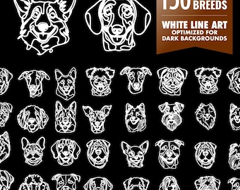 150 Dog Breeds SVG, White Line Art, Dark Background, Line Art & Minimalist Vector, SVG File for Cricut, Dog Tattoo, Glowforge, Dog Ornament