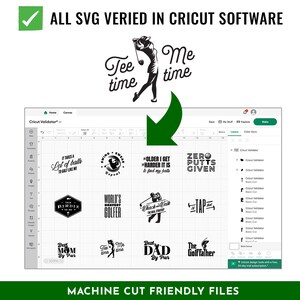 May include: A Cricut design space screen showing 10 different golf-themed SVG designs. The designs include phrases like "It takes a lot of balls to golf like me", "World's Greatest Golfer", "Best Dad by Par", and "The Golffather".