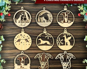 Greyhound Christmas Ornament Bundle SVG, Personalized Holiday Dog Ornament, Laser Cut Glowforge File, 3D Greyhound Ornaments, Dog Lover Gift