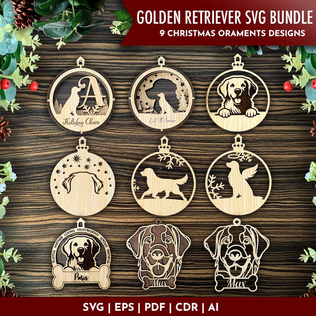 Golden Retriever Christmas Ornament SVG Bundle, 9 Designs for Laser Cut ...