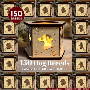 Könnte beinhalten: Lasergeschnittene Kerzenhalter aus Holz mit Hunderassen-Silhouetten, Sternen und Monden. Der Text "150 Dog Breeds" und "Laser Cut Mega Bundle" ist zu sehen. Die Kerzenhalter sind etwa 3 mm, 4 mm oder 3,18 mm dick.