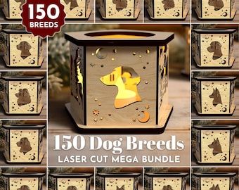 150 Dog Breeds Candle Holder Mega Bundle, Laser Cut plywood Tea light Wooden table Lantern Digital Download SVG Personalized Pet Lamp