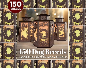 150 Dog Breeds Lantern Mega Bundle, Laser Cut Plywood Tea light Wooden table Lantern Digital Download SVG Personalized Pet Lamp Winter Scene