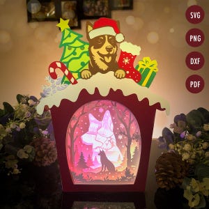 Scène d'hiver chien talon lanternes Shadow Box SVG pour projets Cricut DIY, aurores boréales, décoration de lampe, fichier SVG de découpe de papier pour Cricut