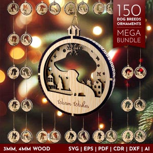 150 Weihnachten Ornament Hund SVG Bundle, Laser geschnitten, benutzerdefinierte personalisieren Hundename, digitaler Download, Handwerk, austauschbar, hängende Kugel, Schneeszene