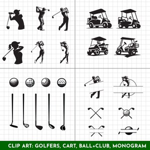 May include: Black and white clip art images of golfers, golf carts, golf balls, golf clubs, and a monogram design.  The images are on a white grid background.