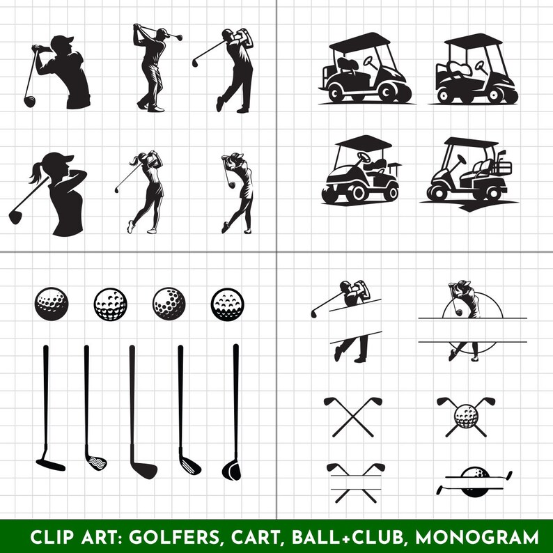 May include: Black and white clip art images of golfers, golf carts, golf balls, golf clubs, and a monogram design.  The images are on a white grid background.