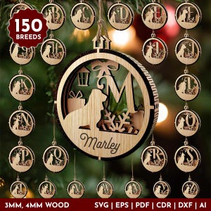 Weihnachtsverzierung Hund Monogramm SVG Bündel Laser-Datei, 150 Hunderasse, Hundename personalisieren, svg eps pdf cdr dxf ai, anpassbar, glowforge