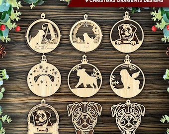 Bulldog Christmas Ornament Bundle SVG, Personalized Holiday Dog Ornament, Laser Cut Glowforge File, 3D Bulldog Ornaments, Dog Lover SVG