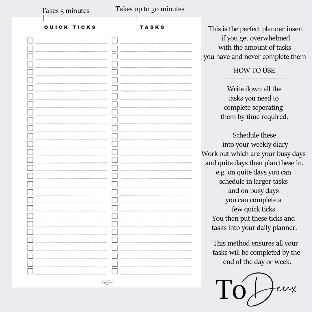 A5 Printable Quick Ticks and Tasks the Productivity Method to - Etsy