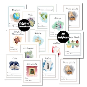 Könnte beinhalten: Eine Sammlung von 14 Schulfachkarten, darunter Geographie, Mathematik, Naturwissenschaften und Musikstudium. Jede Karte zeigt Aquarellillustrationen und Platz für Namen und Schuljahr. Ein digitaler Download ist verfügbar.