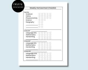 Homeschool Checklist | Homeschool Planner Tracker | Simple Routine 3 Kids | Write-In Printable | Family & Individual Subjects