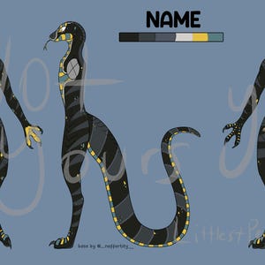 May include: A digital illustration of a black and yellow snake-like creature with a long tail. The creature has a yellow and black striped pattern on its body and a yellow and black striped tail. The creature is shown in three different poses: standing, walking, and curled up. The illustration is on a blue background.