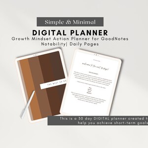 Puede incluir: Un planificador digital para las aplicaciones GoodNotes y Notability. El planificador está diseñado para ayudar a los usuarios a alcanzar objetivos a corto plazo. La portada presenta un esquema de color marrón y beige con el texto "The Next 30 Days".