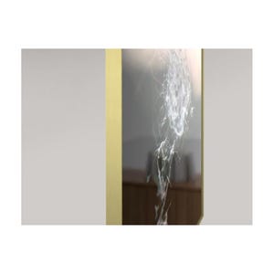 May include: A rectangular mirror with a gold frame. The mirror's surface reflects a blurred image of a room with white, abstract streaks across the glass. The frame is a solid, muted gold colour.