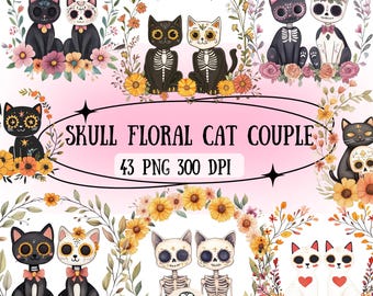 Totenkopf Katze Paar Clipart - Tag der Toten PNG (Digitaler Download)