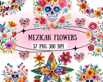 Mexikanische Blumen Aquarell Clipart - Tag der Toten, Otomi (Digitaler Download)