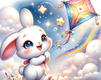 Easter Bunny Kite Digital Art - Whimsical Bunny Flying Kite Clipart, Spring Sky Printable, Cheerful Easter Decor, Instant Download