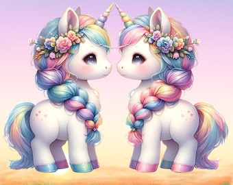 Floral Einhorn Paar Clipart: Pastell Regenbogen Fantasy (digitaler Download)