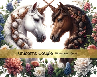 Einhorn Pärchen Clipart: Blumen Fantasie PNG (Digital Download)