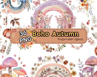 Boho Herbst Aquarell Clipart: Regenbogen, Blumen, Blätter (36 PNG Dateien) (Digitaler Download)