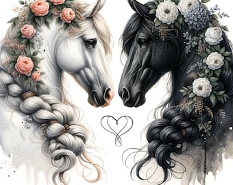 Floral Pferd Paar Clipart: Valentinstag PNG Bundle (Digitaler Download)