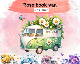 Floral Buch Van Clipart - Vintage Buchmobil PNG Set (Digitaler Download)