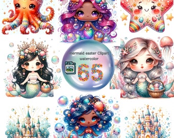 Aquarell Meerjungfrau Ostern Clipart: Frühlingsferien Kunst (Digitale JPG-Dateien)