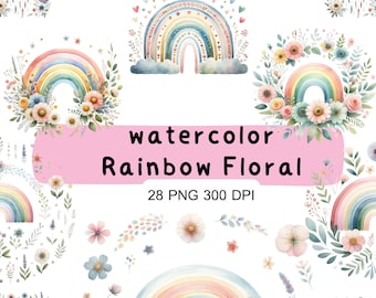 Boho Regenbogen Blumen Aquarell Clipart: Pastell PNG Grafiken (digitaler Download)