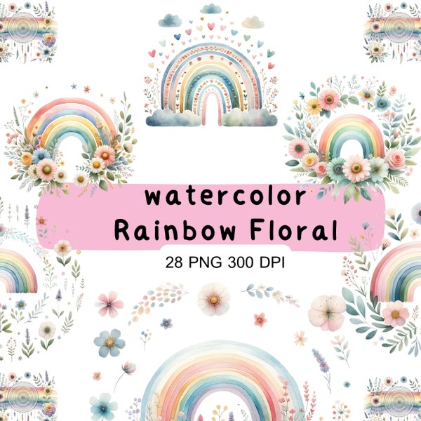 Boho rainbow Floral Watercolor Clipart - Pastel Rainbow Digital Graphics - Instant Download PNG Files for Crafting, Invitations & Decor