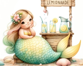 Sommer Meerjungfrau Clipart Bundle - süße Meerjungfrau PNG & JPG-Bilder, hochauflösender digitaler Download, Scrapbooking, Basteln, Kartenbasteln