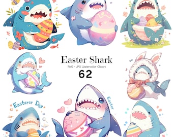 Osterhai Aquarell Clipart: Hasenohren, Ostereier (Digitale Grafiken)