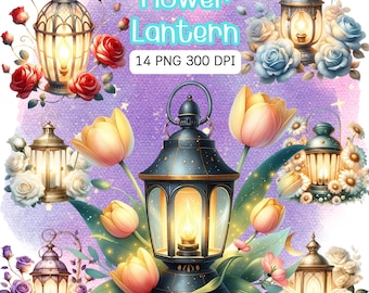 Floral Laterne Clipart: Vintage Rosen & Tulpen (PNG Dateien, digitaler Download)