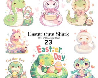 Ostern niedliche Schlange Aquarell Clipart Bündel, 23 PNG JPG Dateien, entzückende Schlange Ostern Illustrationen, Pastellfrühlings Grafiken, digitale Aufkleber