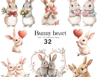 Valentine Hase Aquarell Clipart Bundle, 32 PNG JPG Dateien, süße Kaninchen Liebe Illustrationen, Romantische digitale Aufkleber, Valentinstag Grafiken