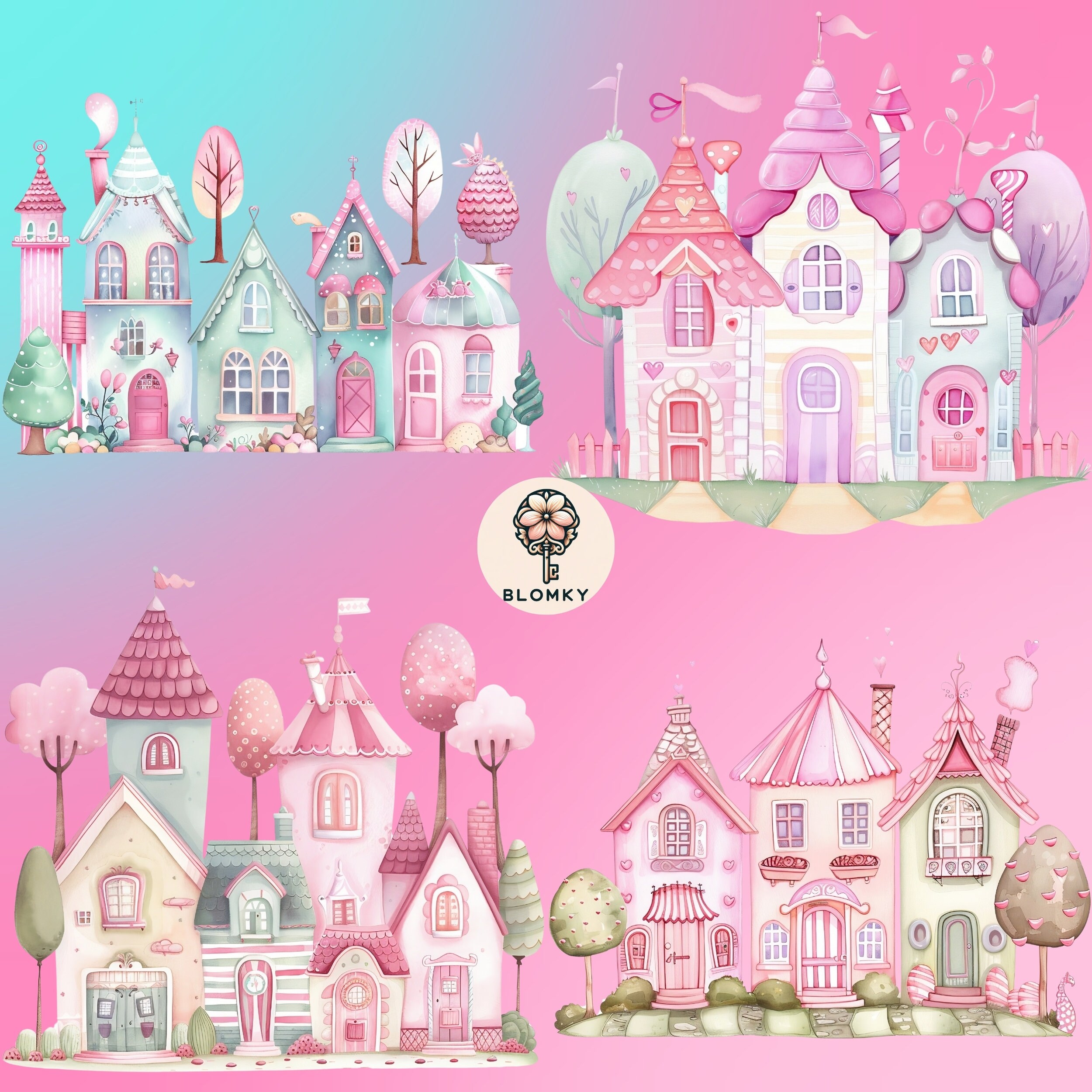 Pink Tiny House Watercolor Clipart 16 PNG Digital Illustrations ...